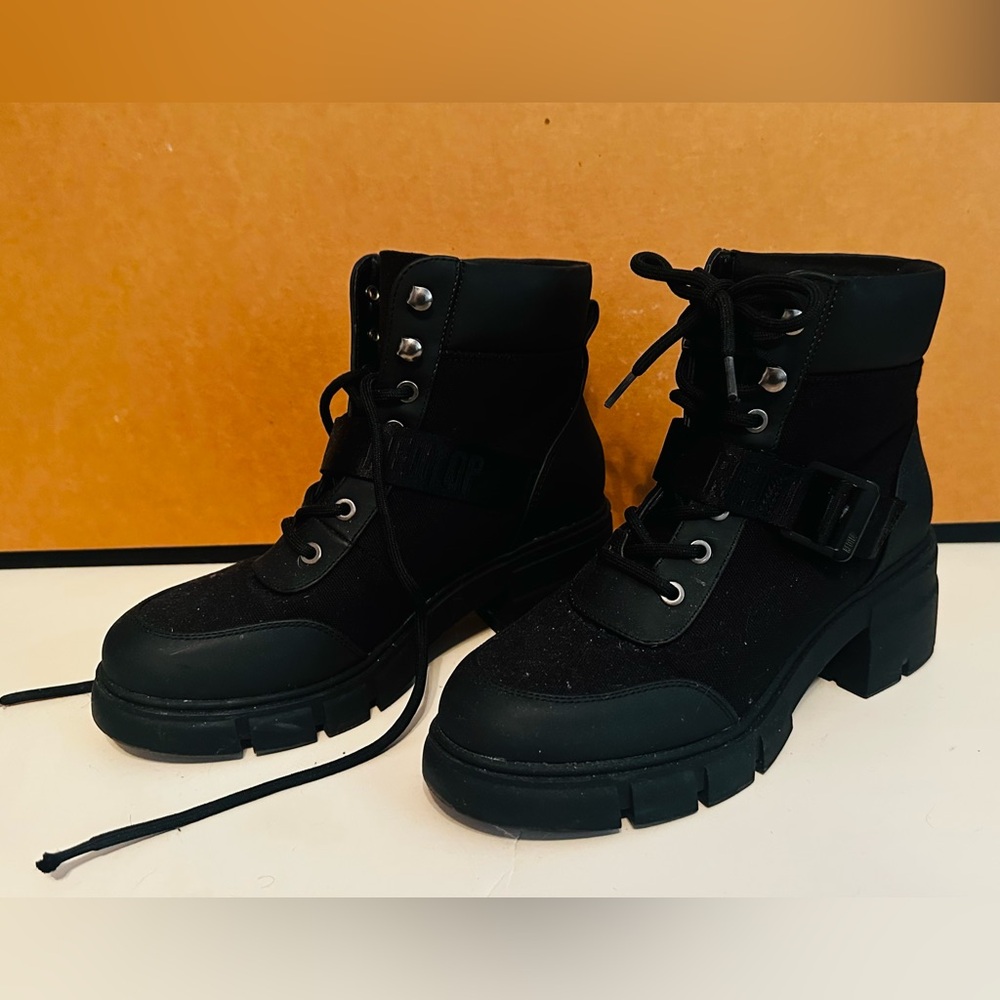 Black Combat Moto Boots with Rugged Sole